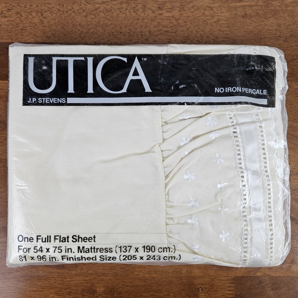 Vtg Utica JP Stevens FULL Flat Sheet Ecru Ruffles Percale Cottage Shabby Granny